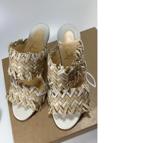 Meroine 85mm raffia Tan Woven fringe heels mules E325 - Picture 8 of 12